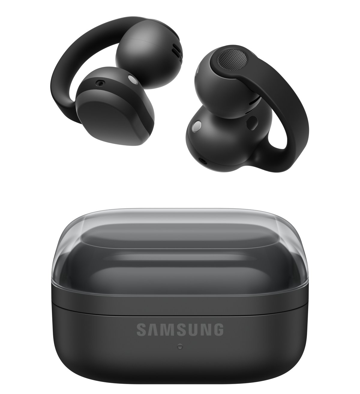 Galaxy Buds On kulaklıklar ve kapağı kapalı siyah şarj kutusu