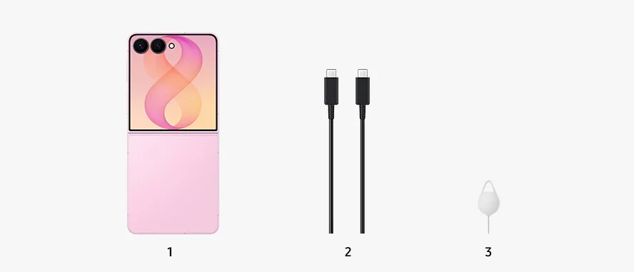 Galaxy Z Flip8 kutu içeriği: telefon, kablo, SIM iğnesi