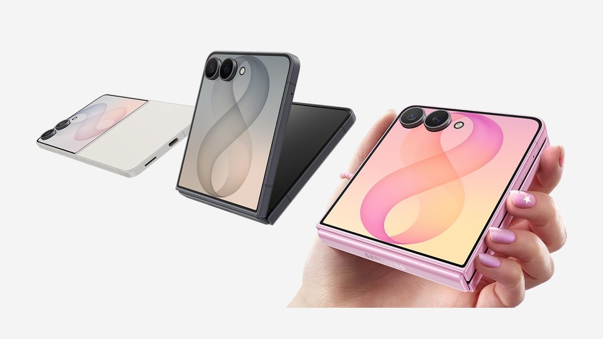Galaxy Z Flip8 Krem, Grafit Gri ve Pembe renkleri, biri elde