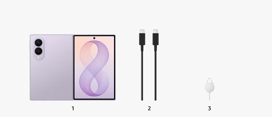 Galaxy Z Fold8 kutu içeriği: telefon, kablo, SIM iğnesi
