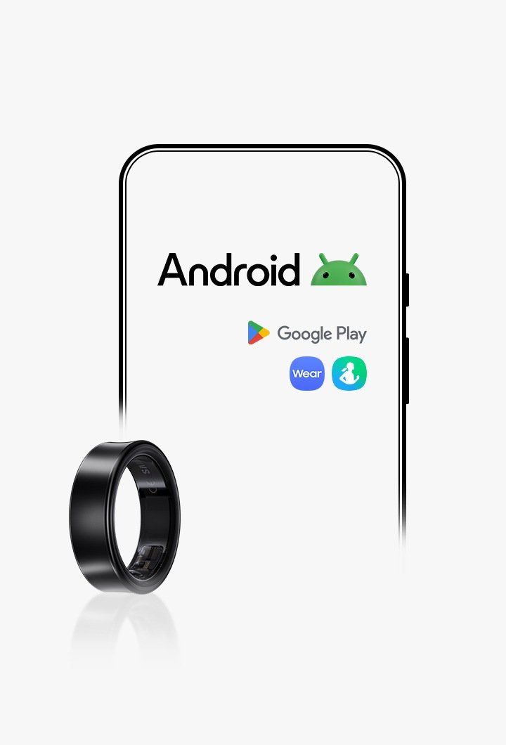 Android telefon ekranı ve önünde Galaxy Ring