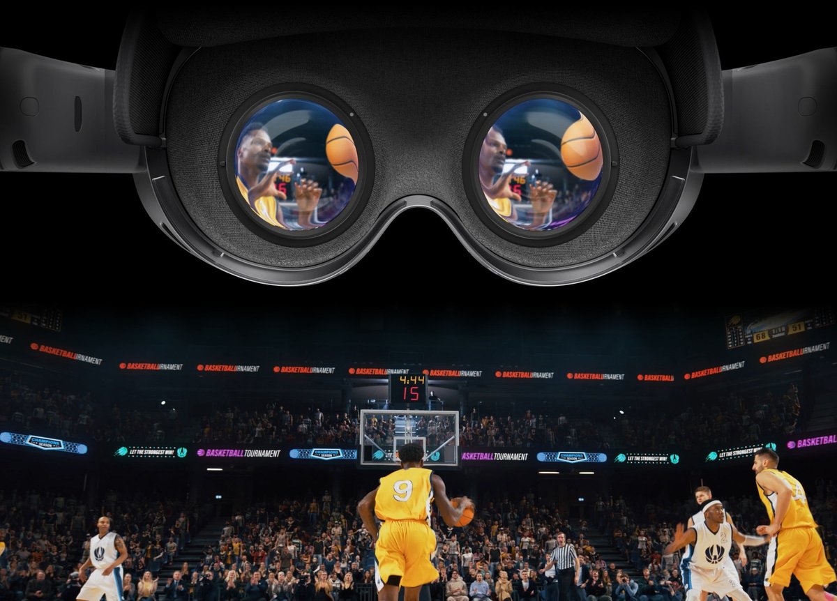 Galaxy XR mercekleri içeriden, altta basketbol maçı görüntüsü